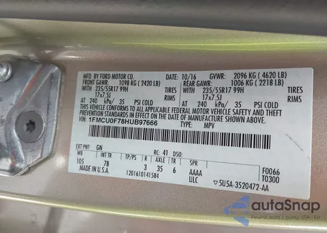 2017 Ford Escape S z USA, uszkodzony, nr VIN 1FMCU0F78HUB97666